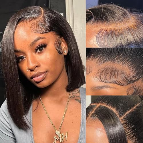 Short Bob Wig Human Hair Straight 13x4 Lace Front Wig Human Hair Bob Wigs for Black Women Glueless 180 Density Black Wig 12 Inch