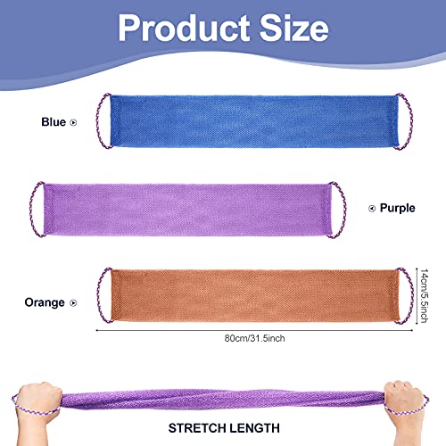 Tegeme 3 Pcs African Exfoliating Net Sponges Bath Back Scrubbers Long with Pull Strap Exfoliating Smoother Nylon Body Shower Loofahs Cloth for Women Men Daily Handles Washcloth Wash Purple Blue Coffee