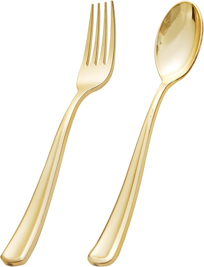 BUCLA 200-Piece Gold Plastic Silverware - Heavy Duty Disposable Cutlery Set - 100 Gold Plastic Forks & 100 Spoons for Catering, Party, Dinner, Wedding & Thanksgiving