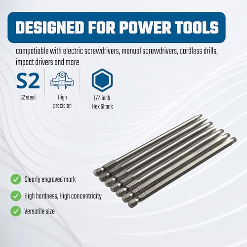 VESTTIO Square Drive Bit Set, SQ1-SQ5, 7-Piece, 6-Inch, Magnetic S2 | SQ1-SQ5, Industrial S2 alloy steel, 1/4 inch hex shank, magnetic tips, design for power screwdriver drill impact driver - size: 7 SQ / 6 inch