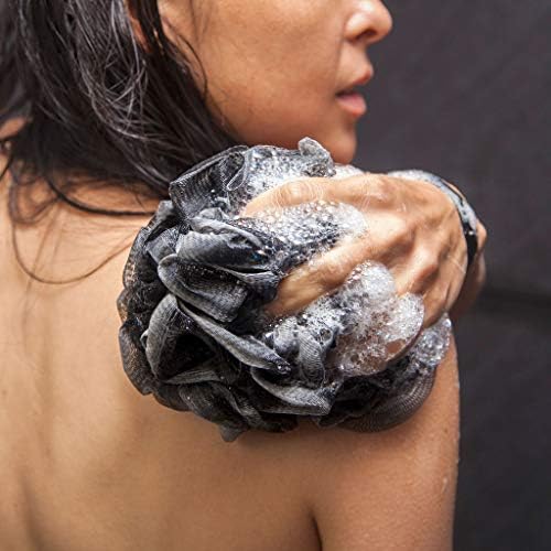 Loofah Back Scrubber for Shower | Bamboo Charcoal Fiber Infused | Loufas for Men & Women | Includes 1 Long Handled Shower Sponge, 1 Bath & Shower Luffa Pouf & 1 Hook to Hang Stuff (Slate Grey)