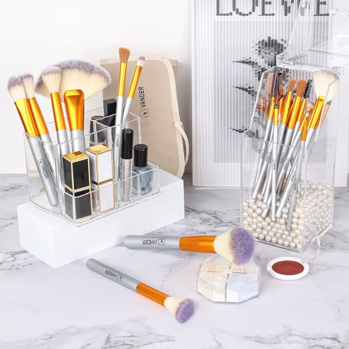 Makeup Brush Set, VANDER 24pcs Premium Synthetic Makeup Brushes for Foundation, Professional Eyeshadow, Eyeliner, Concealer Make up Brush Kit with Leather Travel Makeup bag, Champagne