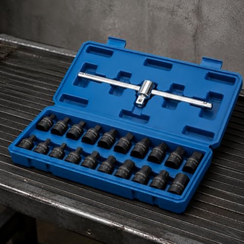 Qianly 21 Pieces Oil Drain Plug Socket Wrench Kit Molded Compartments Oil Drain Plug Socket Kit Hard Case for Mechanics, Garage