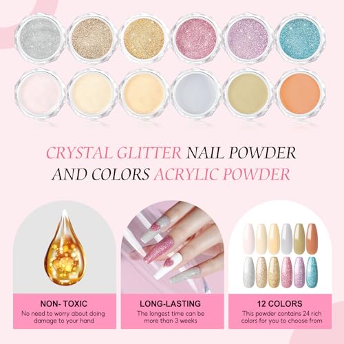 Acrylic Nail Kit with Drill Nail Kit Acrylic Set for Beginner Nude Pink White 12Pcs Glitter Powder Nail Art Rhinestones 200Pcs Tips for Women Manicure DIY