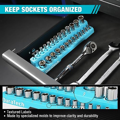 DURATECH Magnetic Socket Organizer Set, 1/4" Metric Socket Holders | Socket Trays, Tool Box, Tool Cart Organizer, Standard & Deep Sockets Organizer, Carbon Fiber, Prevent Scratching, 26-holder - size: 1/4" DR, Metric