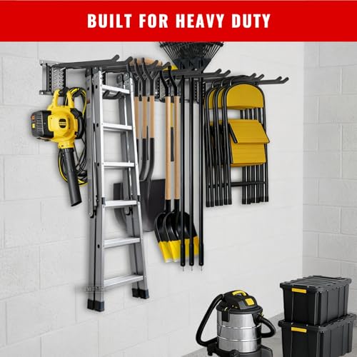 Garage Tool Organizer Wall Mount, Easy to 64inch Install Heavy-Duty Garage Storage System with 12 Adjustable Hooks, Garden Tool Rack for Shovels, Rakes, Yard Tools - size: 64" System - 12 Piece Set