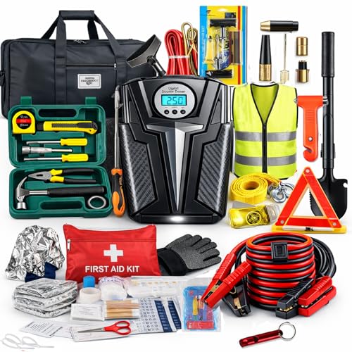 kewen Car Emergency Kit, Roadside Assistance Emergency Car Kit Jumper Cables, Road Trip Essentials, Auto Vehicle Car Safety Kit with Digital Air Compressor Tire Inflator, Reflective Warning Triangle