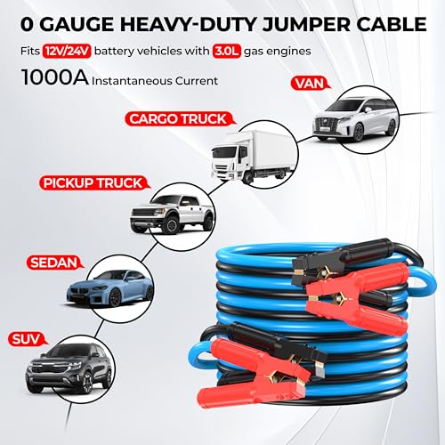 0 Gauge 25 Feet Jumper Cables Heavy Duty for Car, 1000 Amp Automotive Booster Battery Jumper Cables for SUV and Trucks with Carry Bag, Gloves, Brushes - size: 0 Gauge 25FT