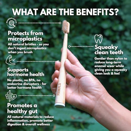PRIMALS Boar Bristle & Bamboo Toothbrush (4-Pack) - Premium Boar Bristles - Fully Biodegradable - Plastic & Nylon Free - Quick Dry Design
