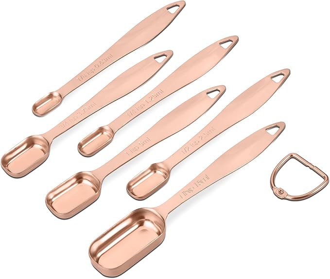 Accurate 18/8 Stainless Steel Measuring Spoons, Heavy Duty Good Handle Set of 6 Measuring Spoon with Ring Connector, Rose Gold