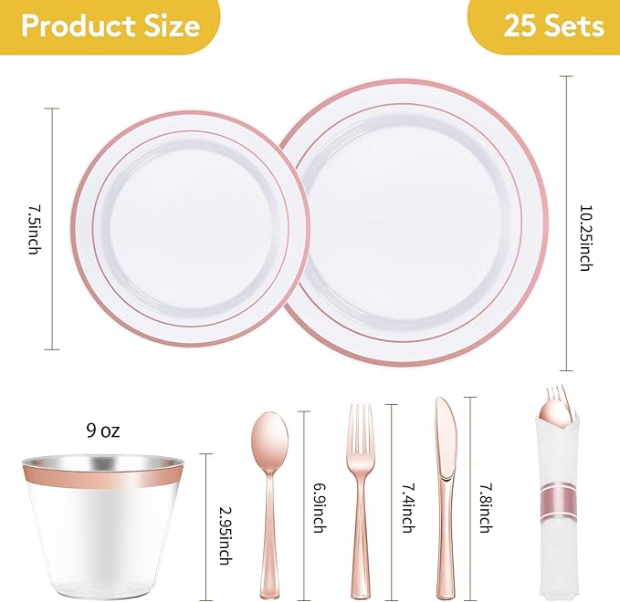 Goodluck 175 Piece Rose Gold Plastic Dinnerware Set for 25 Guests, Fancy Disposable Plates for Party, Include: 25 Dinner Plates, 25 Dessert Plates, 25 Pre Rolled Napkins with Silverware, 25 Cups
