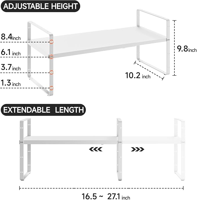16.5-27’’L Expandable Kitchen Shelf Organizer, Stackable Shelves Organizer, Adjustable Height Pantry Spice Rack for Cabinet, Countertop, Pantry and Cupboard, White