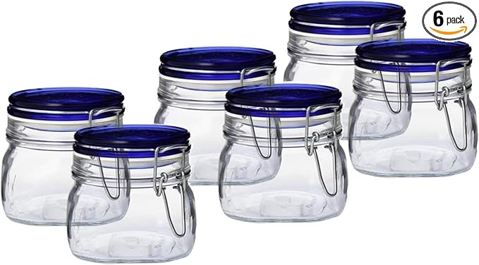 Bormioli Rocco Fido Collection, 6 Pack, 17 Oz. Food Storage Glass Jars, Airtight Rubber Seal & Glass Lid, With Stainless Wire Clamp, Made In Italy.