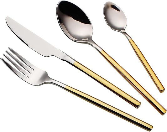 24 Piece Silverware Set For 6 Gold Handle Heavy duty 18/10 Stainless Steel Flatware Set Modern Design Knife/Fork/Spoon Mirror Polished Dishwasher Safe Cutlery Set with Gifts