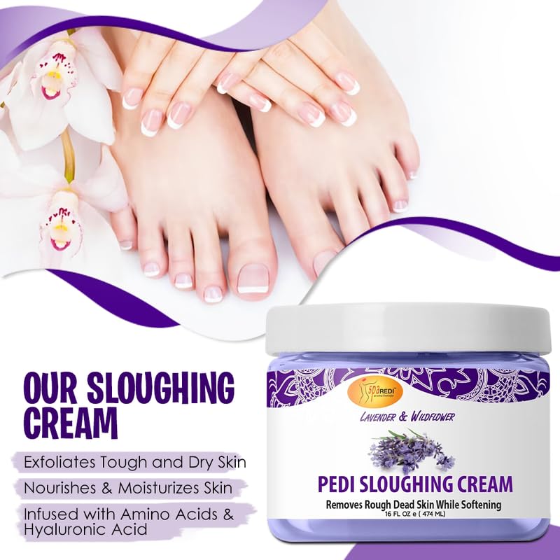 SPA REDI - Foot Cream, Sloughing Lotion, Lavender and Wildflower 16 Oz - Pedicure Massage Foot Care for Dry Cracked Feet, Scrub Gently, Exfoliating, Smooths and Eliminates Buildup of Dead Skin