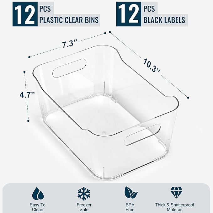 12 PACK Multi-Use Clear Plastic Storage Bins for Organizing w/Labels - Home, Kitchen, Pantry, Bathroom, Office, Cabinet Shelf Organizer Bins - SOHO Collection, RV, Fridge Organization Containers - L