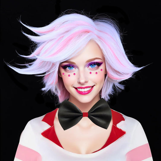 FantaLook Short White and Pink Cosplay Wig for Women Halloween Costume