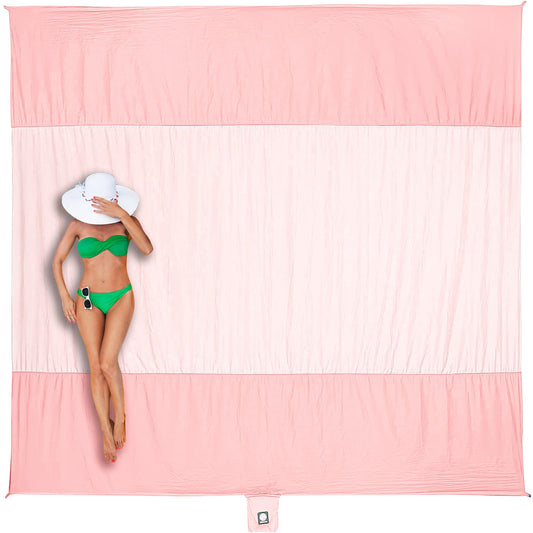 WEKAPO Beach Blanket Sandproof, Extra Large Beach Mat, Big & Compact Sand Free Mat Quick Drying, Lightweight & Durable with 6 Stakes & 4 Corner Pockets (Pink, 7x7 FT (1～3 person))