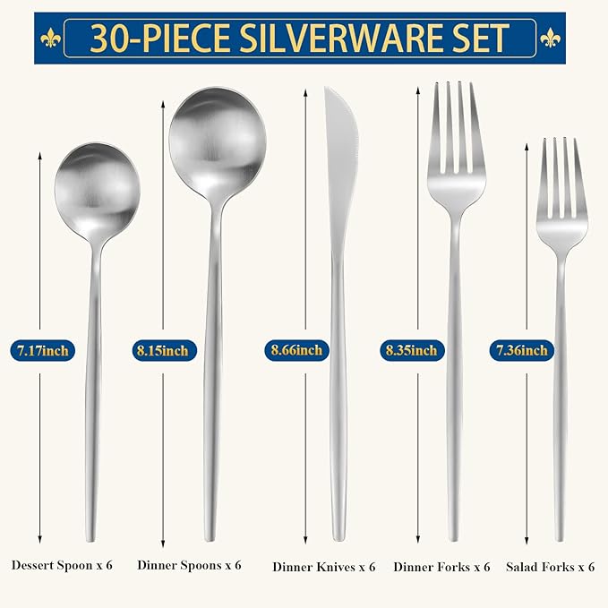 Silverware Set for 6, 30 Piece Flatware Set, Cutlery Tableware set Include Spoons And Forks Set, Stainless Steel Utensil Set, Matte polished Finish, Dishwasher Safe