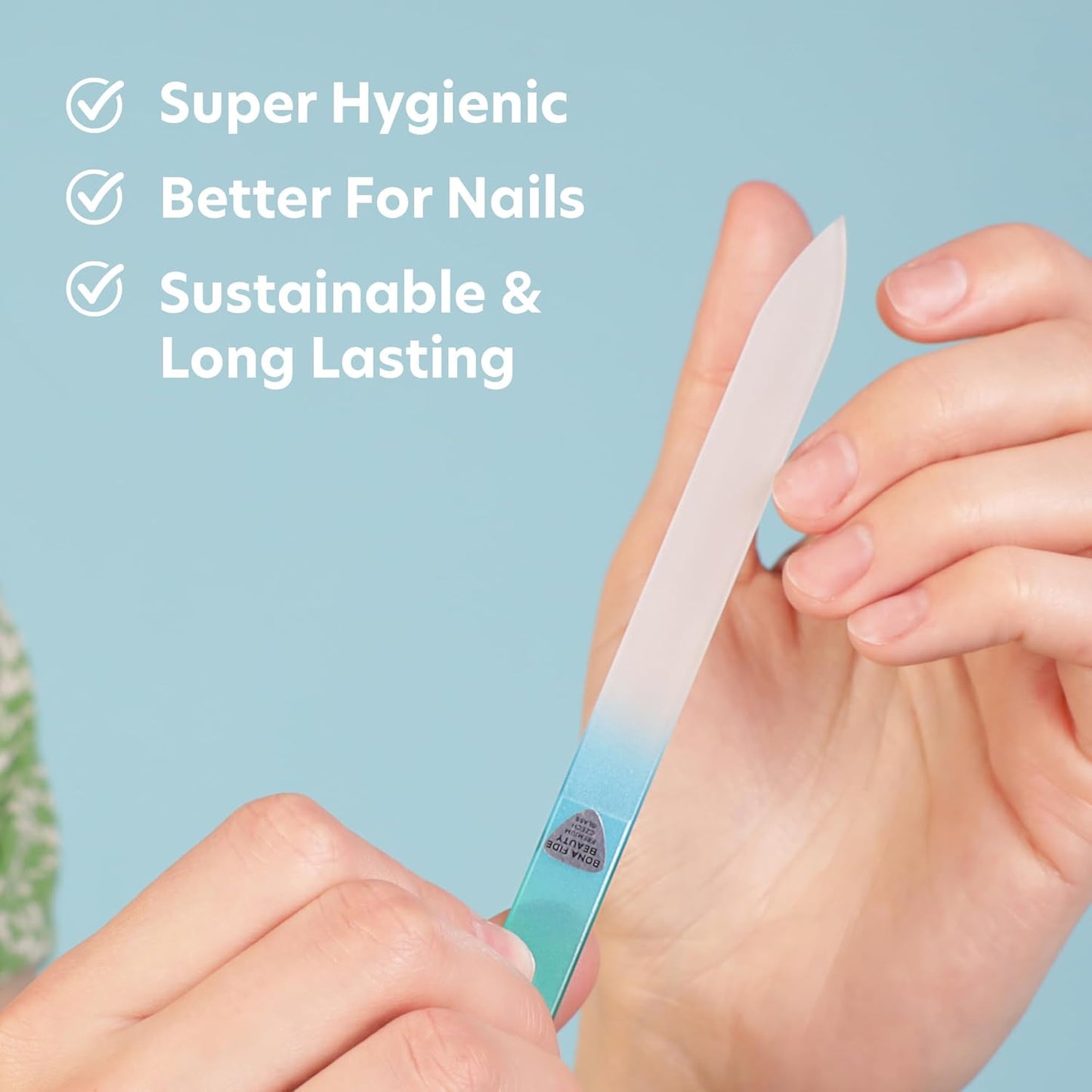 Bona Fide Beauty Glass Nail File with Case (Aqua) - 1 Piece Luxurious Gifts for Women, Crystal Etched Nail File for Natural Nails