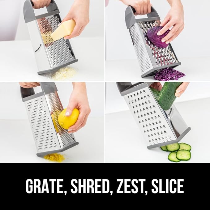 GORILLA GRIP 4-Sided 100% BPA-Free Cheese Grater With Container, Stainless Steel XL Box Graters, Parmesan Shredder, Grate Cheeses, Shred Veggies, Slip Resistant Handle, Dishwasher Safe Zester, Gray