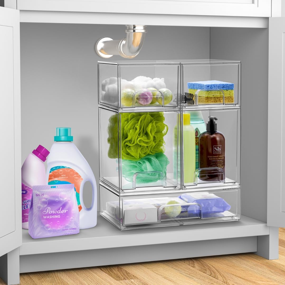 Sorbus Acrylic Storage Containers - 2 Pack, Stackable Storage Bins Set for Bathroom Organization - Clear Acrylic Drawer Organizers - Makeup Case Pull-Out Drawers (7.6’’ and 4.4’’ Tall)