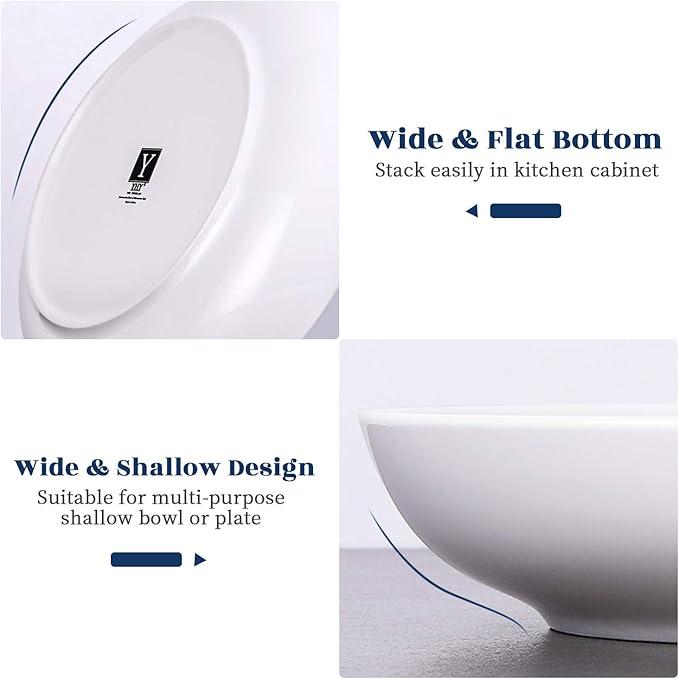 Y YHY Pasta Bowls 32oz, Ceramic Large Salad Serving Bowls, White Pasta Bowls Set, Shallow Soup Bowl Set of 4, Microwave & Dishwasher Safe