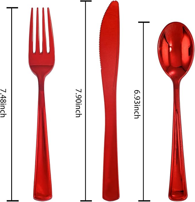 NOCCUR 180PCS Red Plastic Silverware Set - Red Flatware Set Heavy Duty - Include 60 Forks, 60 Spoons, 60 Knives - Ideal for Christmas Party