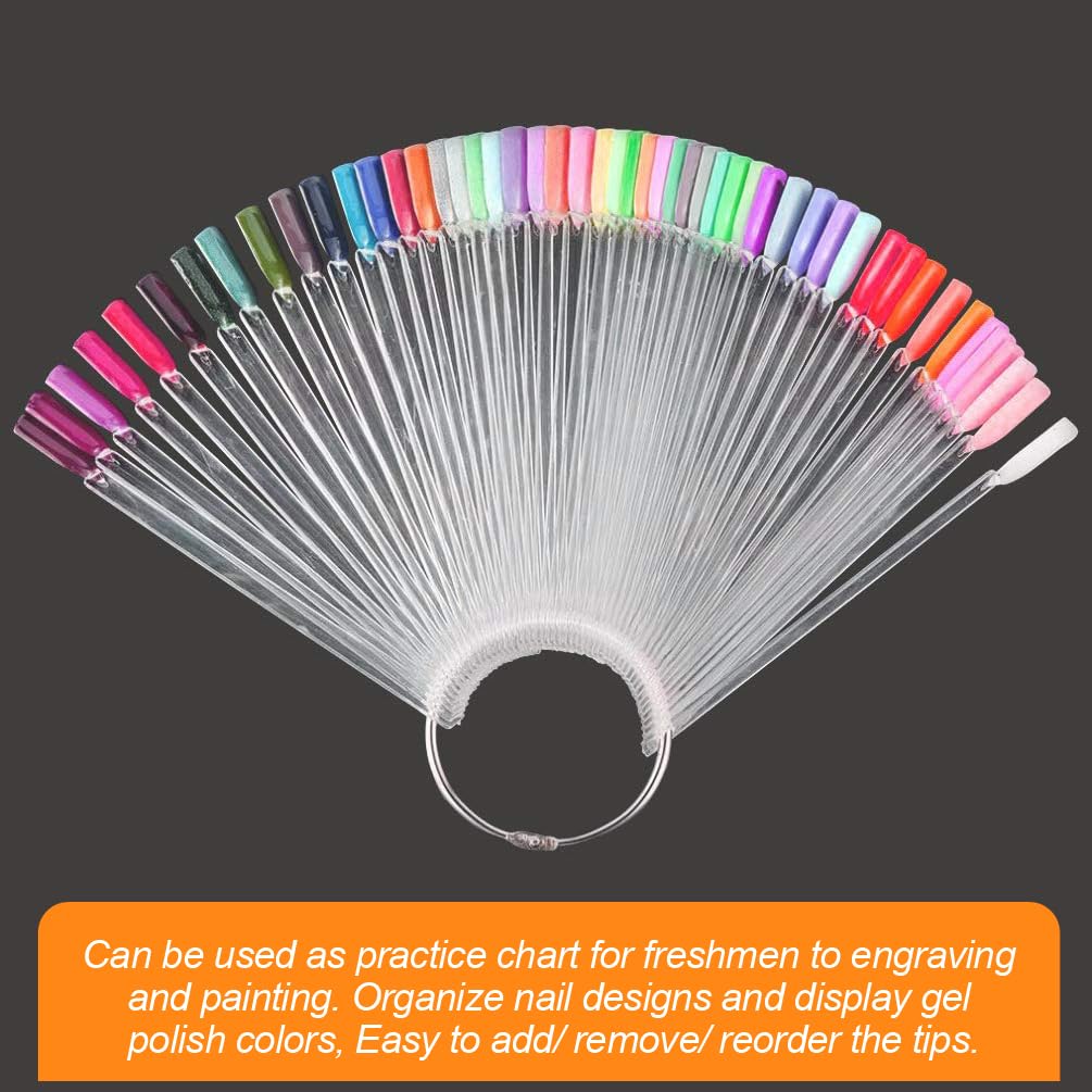 JASSINS 50 Pcs Nail Swatch Sticks with Ring and Numbered Tips - Clear Fan-shaped Display for Nail Art Polish Practice