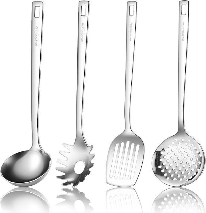 18/8 Stainless Steel Cooking Utensils Set, Spatula Set Kitchen Wok Utensils Set, Include Soup Ladle,Spaghetti Server,Slotted Spatula Turner,Skimmer(Dishwasher Safe, Mirror Polished)