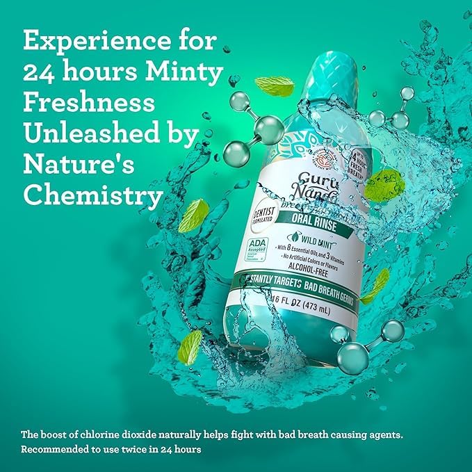 GuruNanda Fresh Breath Mouthwash, ADA-Accepted, Alcohol & Fluoride-Free, Sodium Chlorite, Essential Oils & Vitamins, 12-Hrs Fresh Breath, Wild Mint, 16 oz - 2 Pack