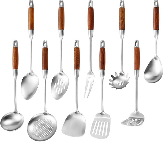 Stainless Steel Kitchen Utensils Set with Wood Handle, 18/10 Metal Cooking Utensils Set, 10-Piece - Spatula, Spoon, Ladle, Skimmer, Slotted Turners, Pasta Server, Fork, Masher(Dishwasher Safe)