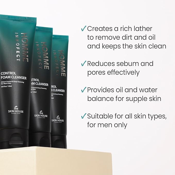 The Skin House Homme Innofect Control Foam Cleanser for Men 4.05 fl.oz l Oily Skin Cleanser l Deep Cleansing, Pore Minimizer, l Korean Skin Care, Facial Wash, 120ml
