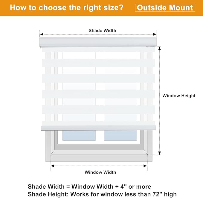 Persilux Zebra Blinds for Windows, Cordless Roller Blinds (34.5" W x 72" H, White) Light Filtering Sheer Window Treatments, Light Control for Day and Night, Room Darkening Roller Shades for Windows