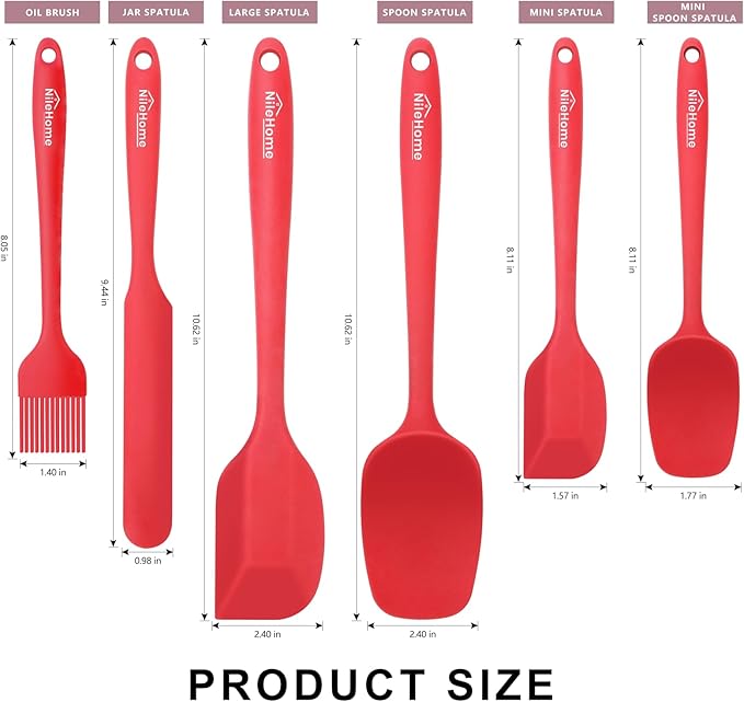 NileHome Silicone Spatula Set 6 Packs Food Grade Kitchen Utensils with Silicone Brush Heat Resistant BPA-free Rubber Spatula for Scraping, Baking, Cooking, Mixing, Red