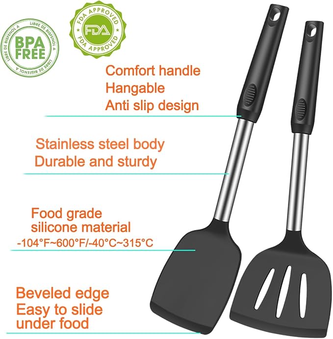 5Pcs Silicone Spatula Heat Resistant Long Large Spatulas Set for Nonstick Cookware, Rubber Pancake Fish Turner Spatula for Kitchen Use Silicone Cooking Kitchen Utensils Set Black