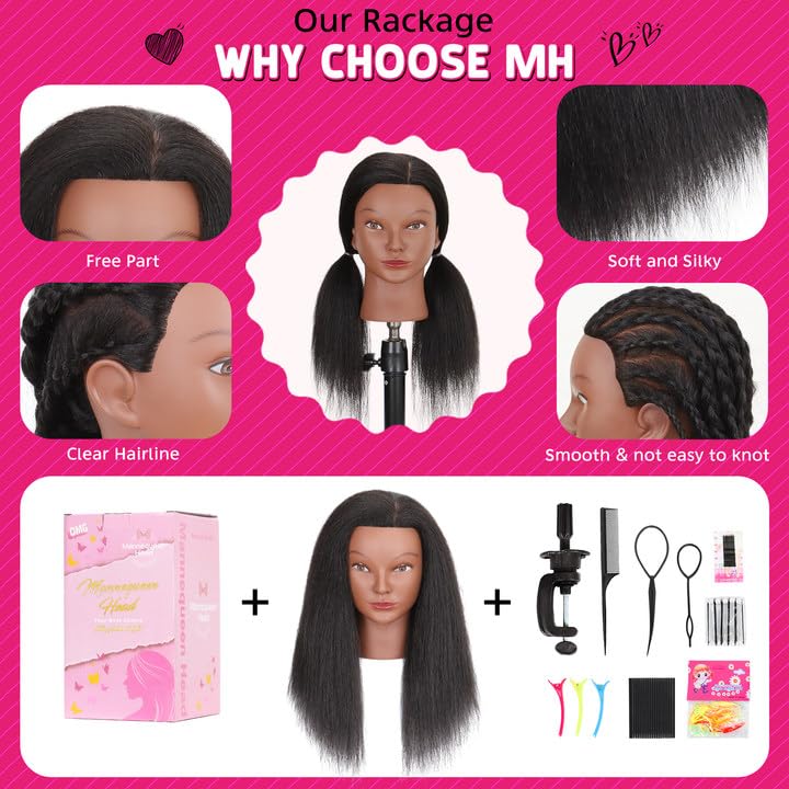 Mannequin Head with Human Hair 16" Cosmetology Manikin Doll Head 100% Real Human Hair for Styling Hairdresser Practice Braiding with Free Clamp Holder