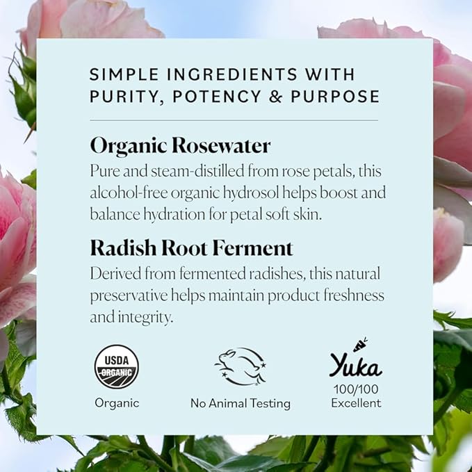 Sky Organics Organic Rosewater Facial Mist for Face, 100% Pure & Steam-Distilled USDA Certified to Hydrate, Balance & Refresh, 4 fl. Oz