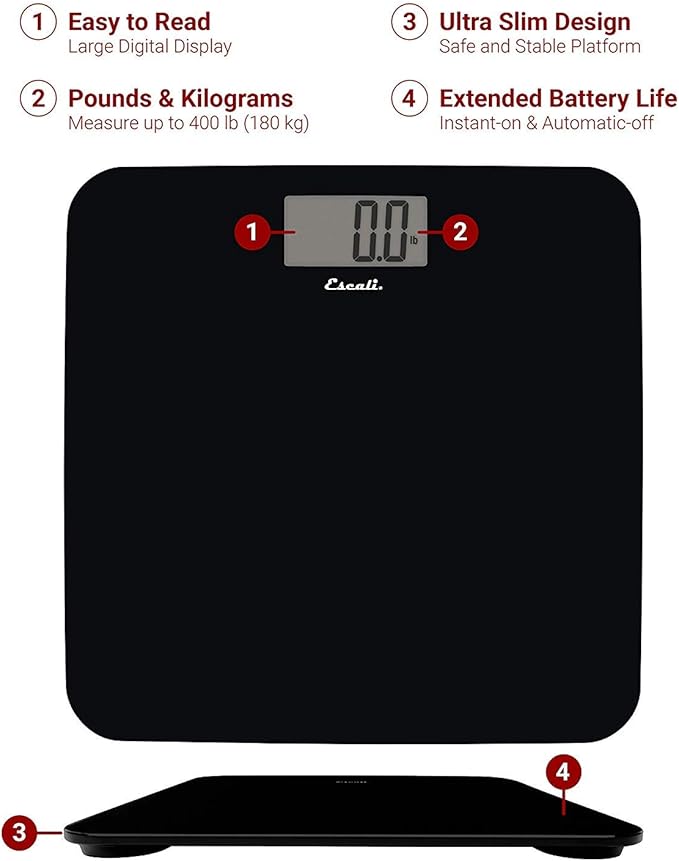 Escali Digital Glass Bath Scale for Body Weight, Bathroom Body Scale, High Capacity of 400 lb, Battery Included, Slim Black