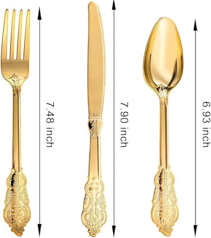 N9R 120PCS Gold Plastic Silverware, Disposable Silverware Include 40 Forks, 40 Spoons, 40 Knives, Gold Cutlery Set Disposable for Party, Wedding and Daily Use