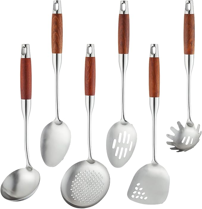 Stainless Steel Kitchen Utensils Set with Wood Handle, 18/10 Metal Cooking Utensils Set, 6-Piece - Spatula, Spoon, Ladle, Skimmer, Slotted Spoon, Pasta Server (Dishwasher Safe)