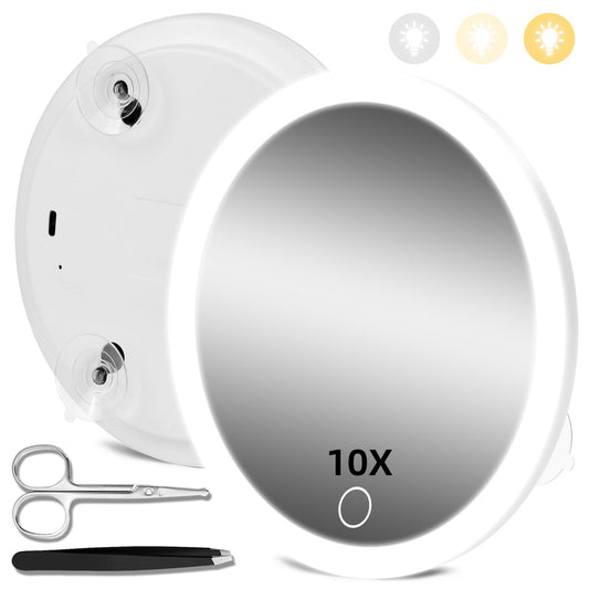 Magnifying Mirror with Light 10X, Makeup Magnifying Mirror with Suction Cups, 6'' Magnifying Mirror with 3 Color Lights Dimming Makeup Mirror with 10x Magnification, Large 10x Travel Magnifying Mirror