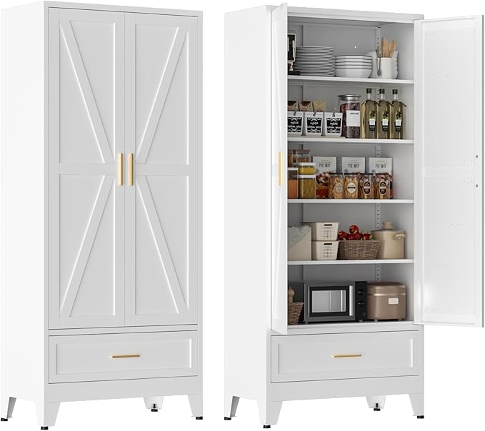 71" Tall Metal Pantry Storage Cabinet with Drawer and Adjustable Shelves, Freestanding Kitchen Cupboard Storage Cabinet for Kitchen,Dining Room, Living Room, White