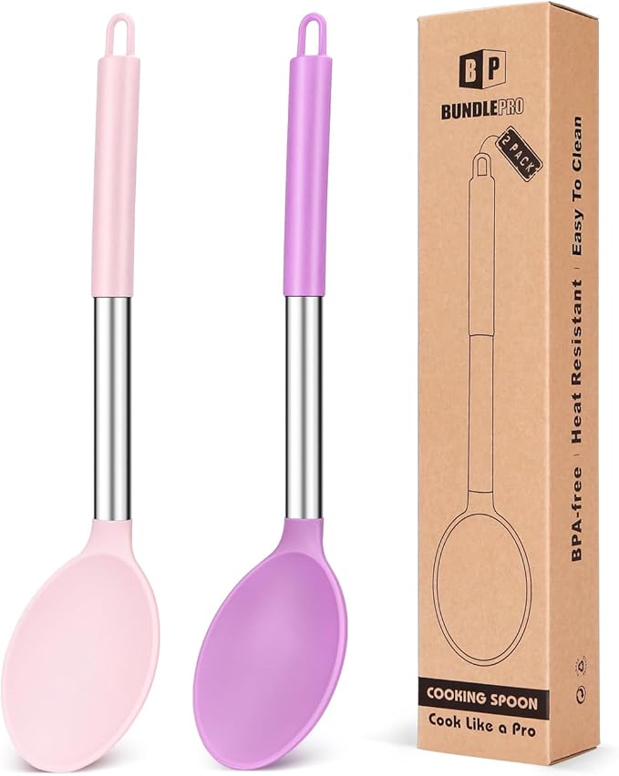 Pack of 2 Large Silicone Cooking Spoon Non Stick Solid Basting Spoons Heat-Resistant Kitchen Utensils for Mixing Serving (Pink-Purple)
