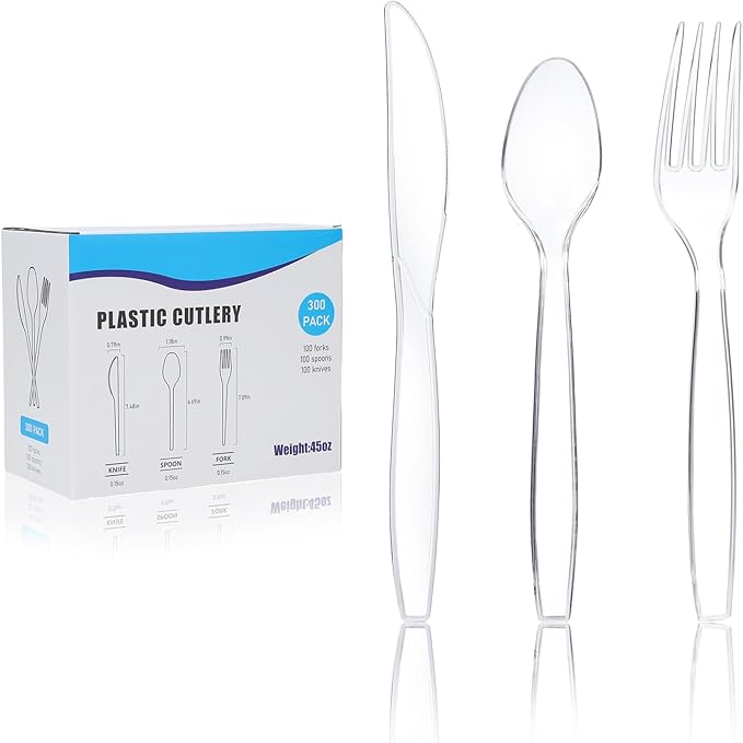 300 Count Plastic Silverware Heavy Duty, BPA-Free Disposable Utensils, Includes 100 Knives, 100 Forks, 100 Spoons for Party, Wedding, Catering, Picnic