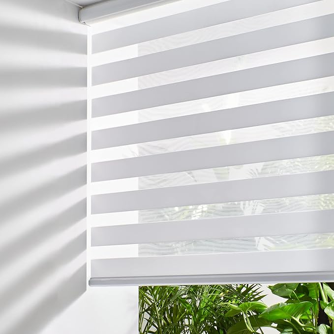 Persilux Cordless Zebra Blinds for Windows (70" W X 47" H, White) Free-Stop Windows Shades Dual Layer Light Control for Day and Night, Light Filtering Sheer Shades for Home, Easy to Install