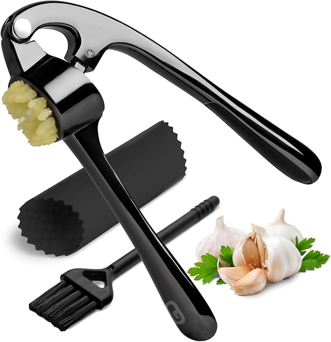 GD Black Garlic Press Crusher Mincer Tool - Stainless Steel Garlic Press, Dishwasher Safe & Rust Proof, Easy-Squeeze Garlic Crusher with Ergonomic Handle - Includes Silicone Peeler & Brush (Black)