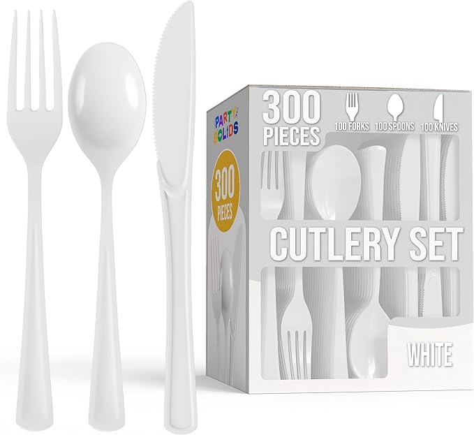 Party Solids White Plastic Silverware Heavy Duty 300 Pieces White Plastic Cutlery Sets, Utensil Sets, 100 Of Each Forks, Knives & Spoons Disposable Cutlery Set, Flatware Set For Party Supplies