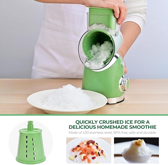 SUSTEAS Rotary Cheese Grater with Handle,Vegetable Slicer with 6 Interchangeable Blades, Reinforced Suction,Easy to Clean,Kitchen Chopper for Crushed Ice,Fruits and Nuts with Blade Storage Case,Green