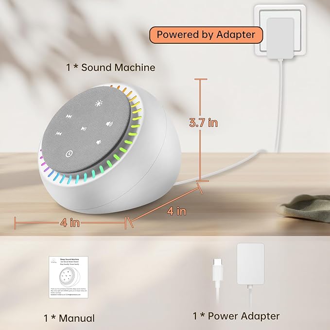 DreamSky White Noise Sound Machine with 26 Soothing Sounds & 30 Level Volume, RGB Night Light, Brown Noise for Sleeping Adults, Baby, Kids Sleep, Auto-Off Timer, USB-C Powered for Home Office Travel